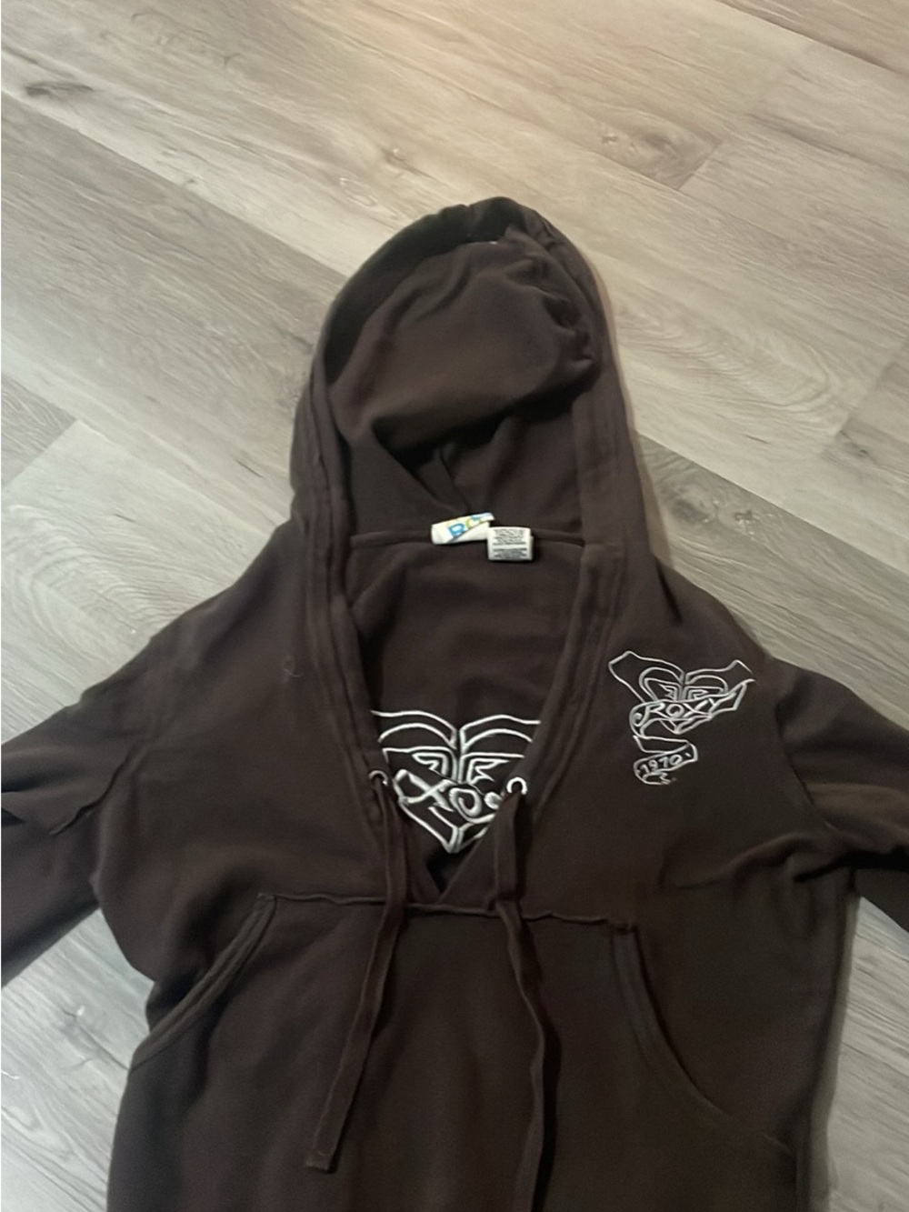 Roxy Brown Hoodie with Multicolor Logo Tags